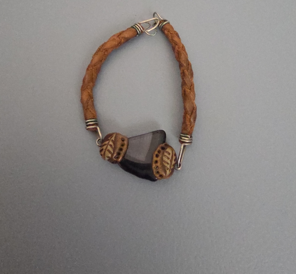 Brown Braided Leather Bracelet with Dark Stone Accent